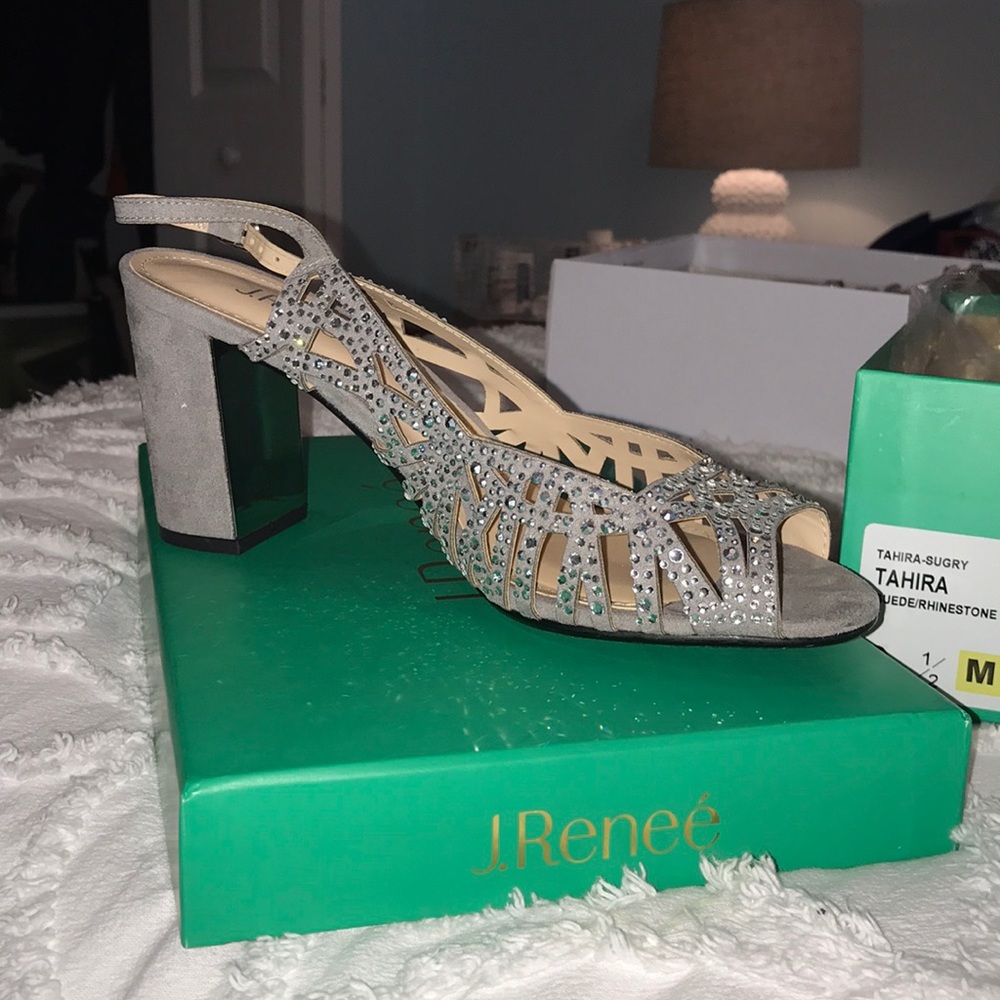 J. Reneé Taupe Suede Rhinestone Slingback Heels